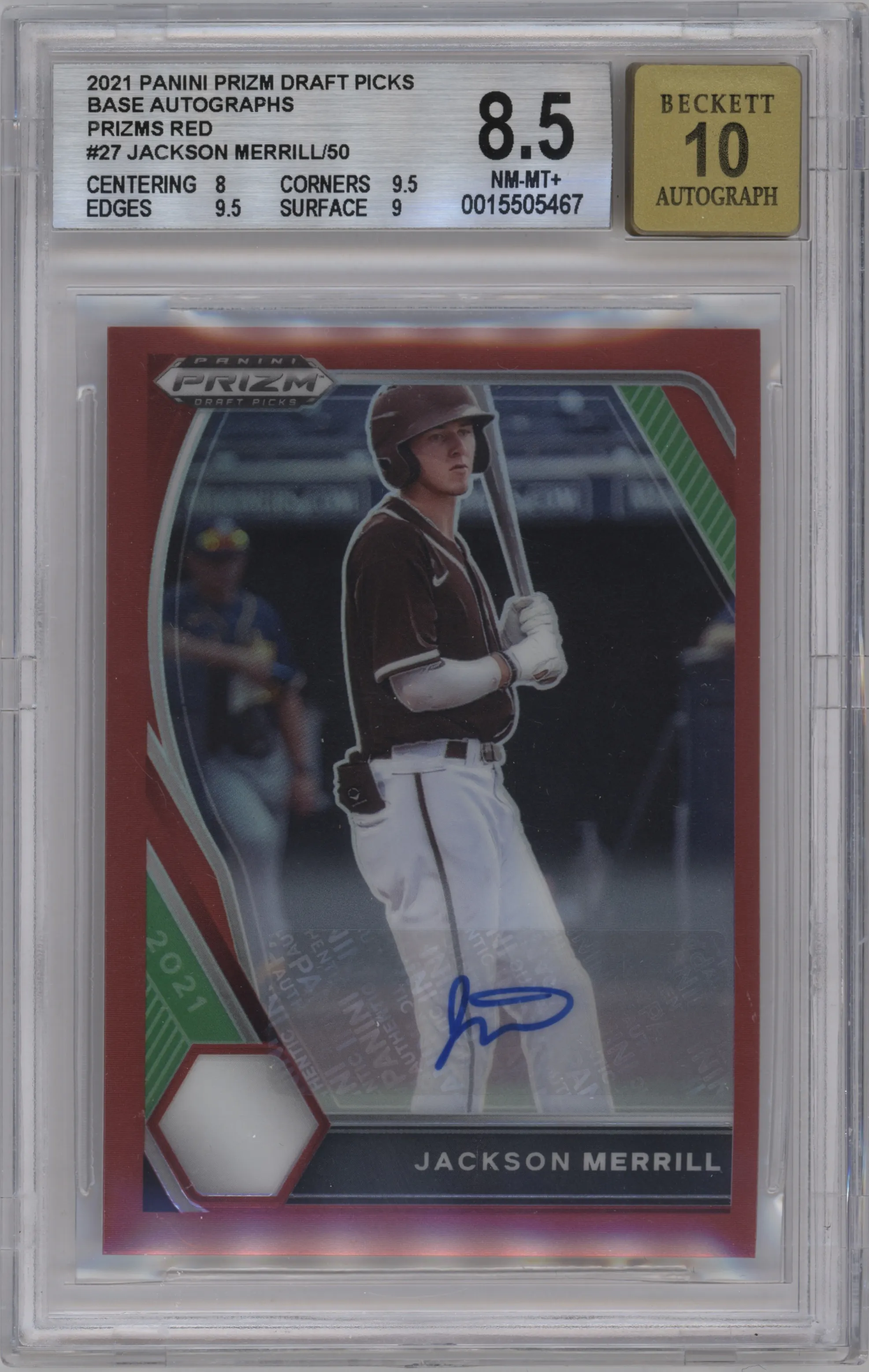 2021 Panini Prizm Draft Picks Auto Jackson Merrill Red Prizm BGS 8.5