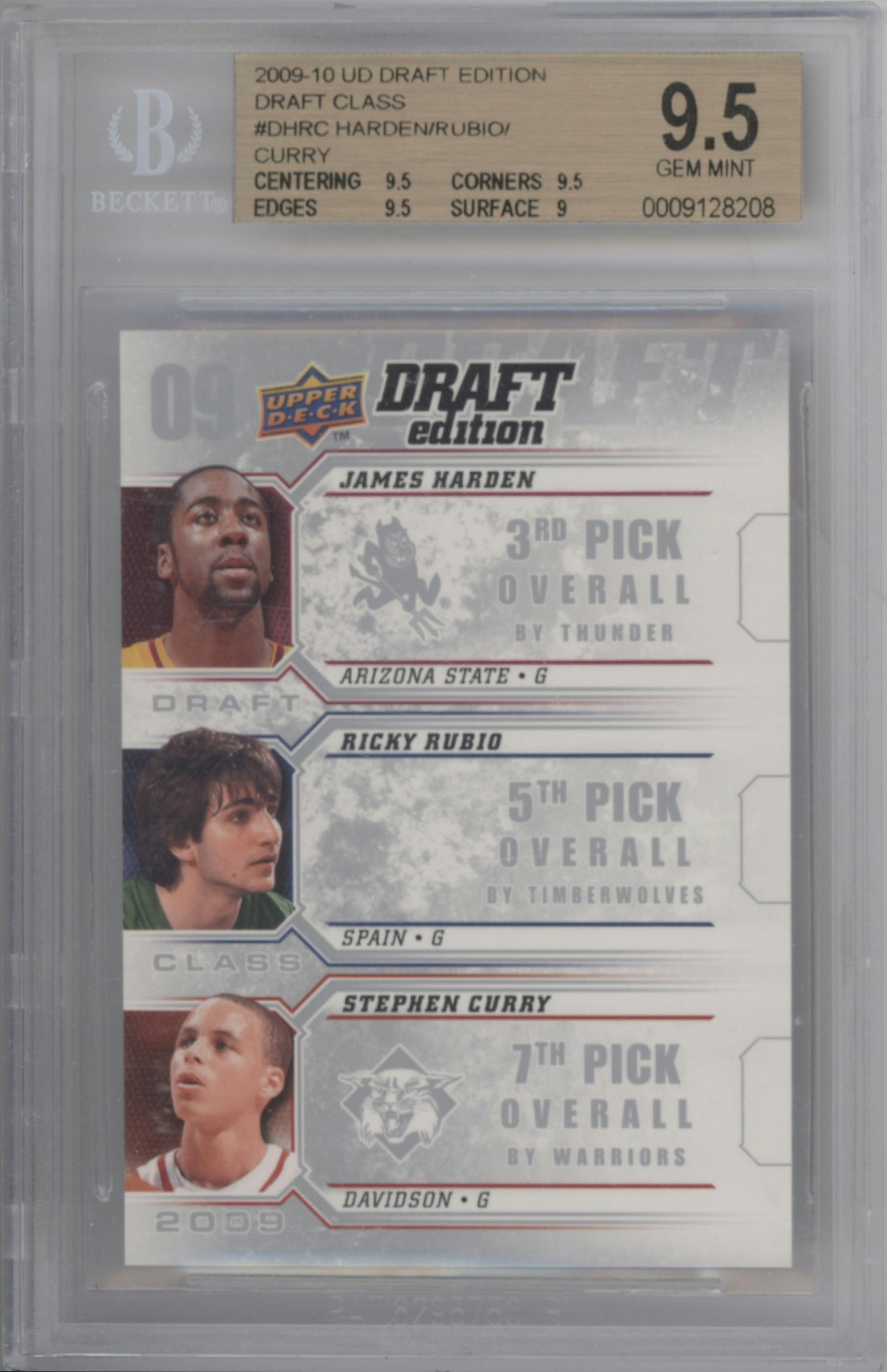 James Harden/Ricky Rubio/Stephen Curry from the 2009-10 UD Draft Edition set graded by Beckett and given an overall grade of 9.5.