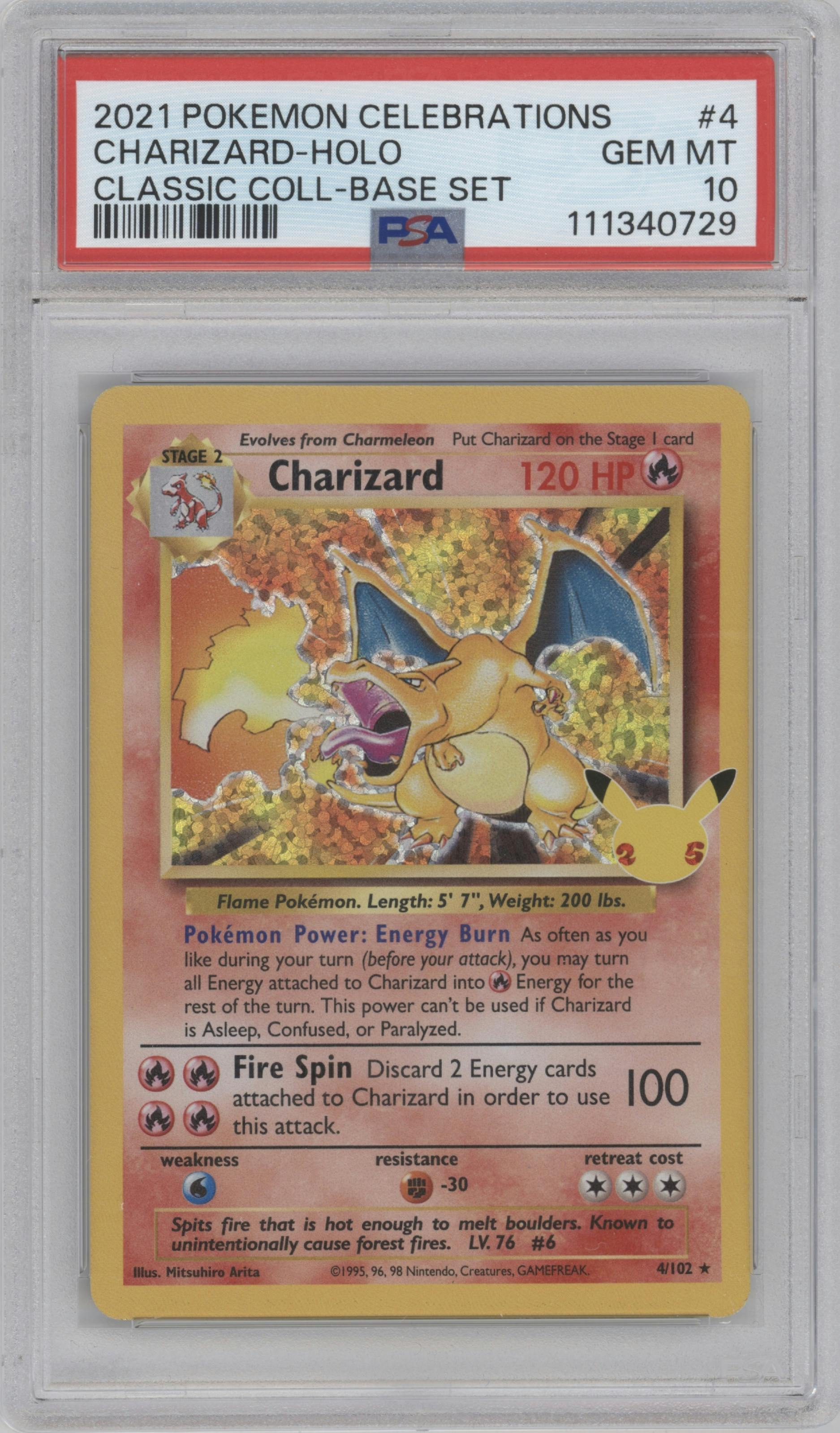 Charizard from the 2021 Pokemon SWSH set featuring a Base Set parallel graded by PSA and given an overall grade of 10.