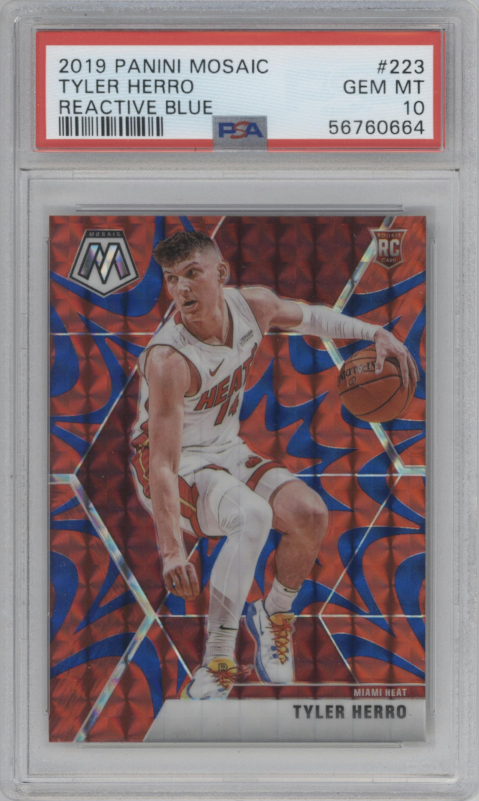 Tyler Herro from the 2019-20 Panini Mosaic  set featuring a Reactive Blue parallel graded by PSA and given an overall grade of 10.