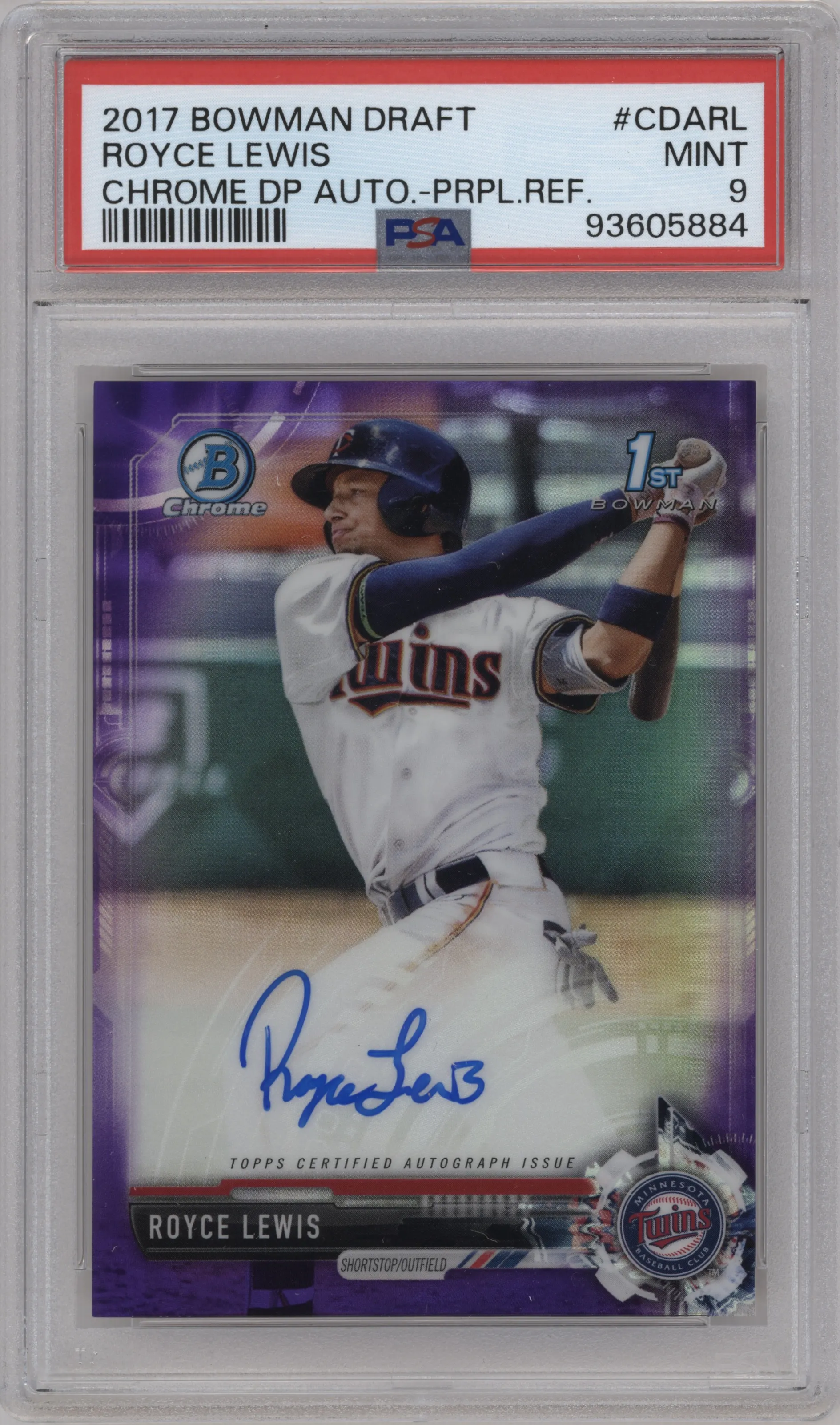2017 Bowman Draft Chr. DP Auto Royce Lewis Purple Refractor PSA 9