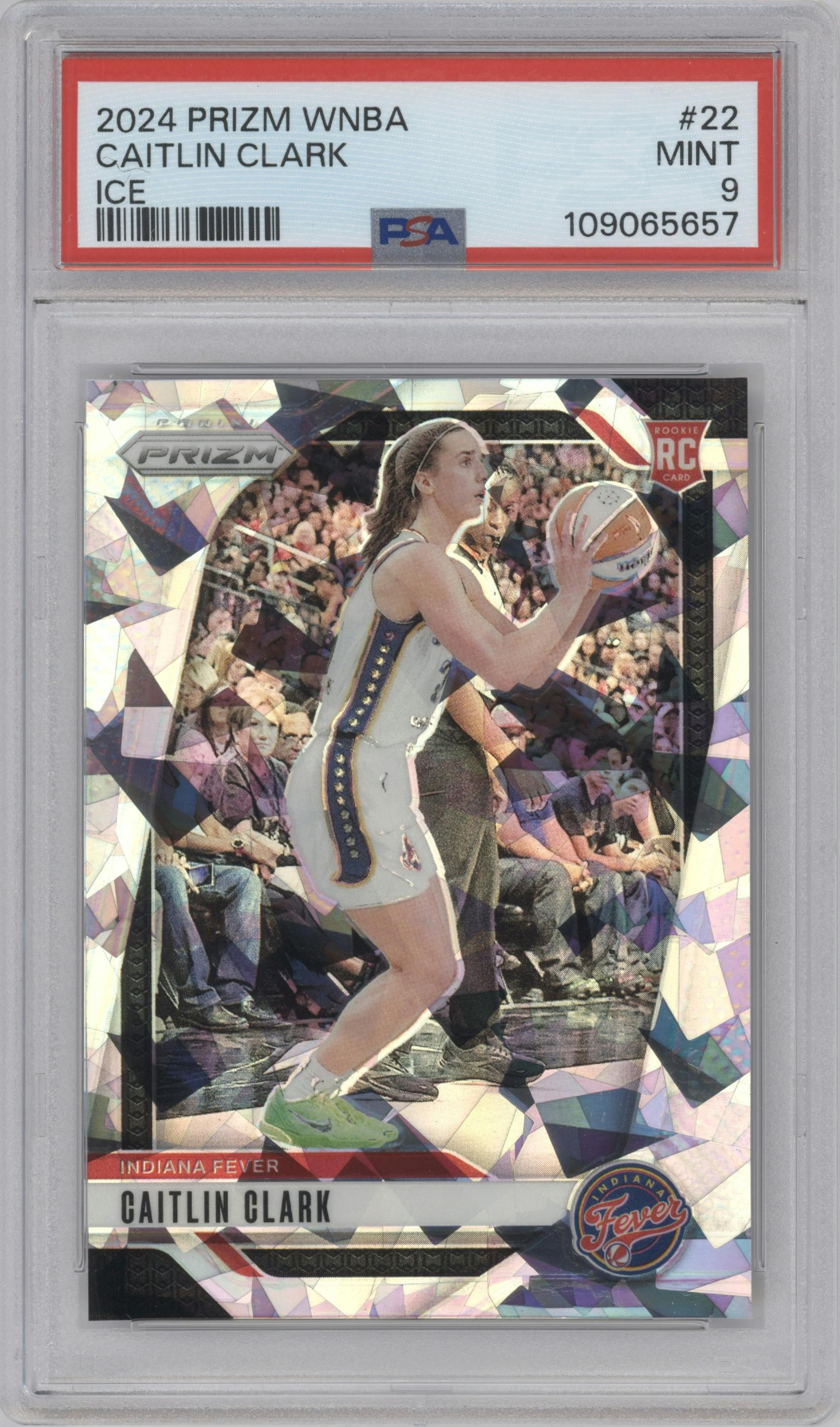Caitlin Clark from the 2024 Panini Prizm WNBA set featuring a Ice parallel graded by PSA and given an overall grade of 9.