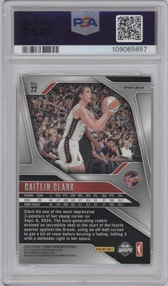 Caitlin Clark from the 2024 Panini Prizm WNBA set featuring a Ice parallel graded by PSA and given an overall grade of 9.