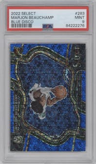 MarJon Beauchamp from the 2022-23 Panini Select set featuring a Disco Blue parallel graded by PSA and given an overall grade of 9.