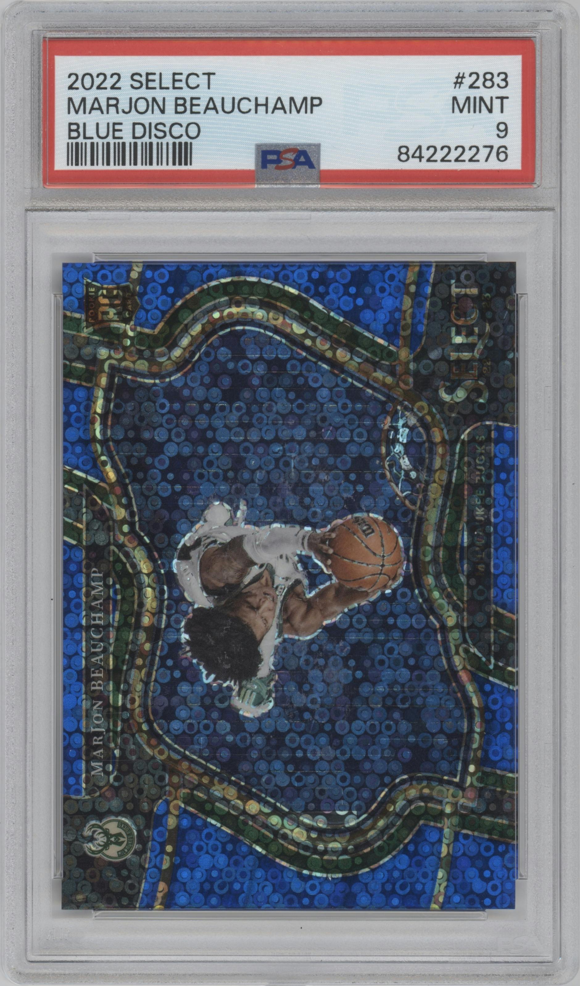 MarJon Beauchamp from the 2022-23 Panini Select set featuring a Disco Blue parallel graded by PSA and given an overall grade of 9.
