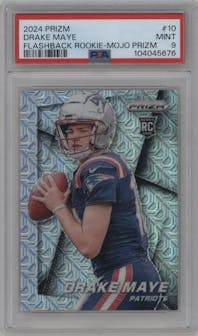 Drake Maye from the 2024 Panini Prizm set featuring a Mojo Prizm parallel graded by PSA and given an overall grade of 9.