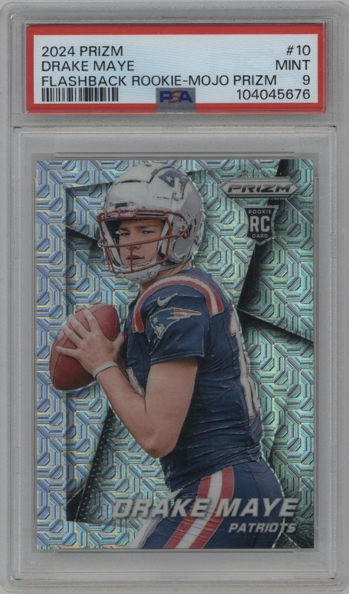 Drake Maye from the 2024 Panini Prizm set featuring a Mojo Prizm parallel graded by PSA and given an overall grade of 9.