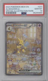 Alakazam EX from the 2023 Pokemon SV set graded by PSA and given an overall grade of 10.