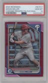Aidan Miller from the 2024 Bowman set featuring a Fuchsia Refractors parallel graded by PSA and given an overall grade of 10.