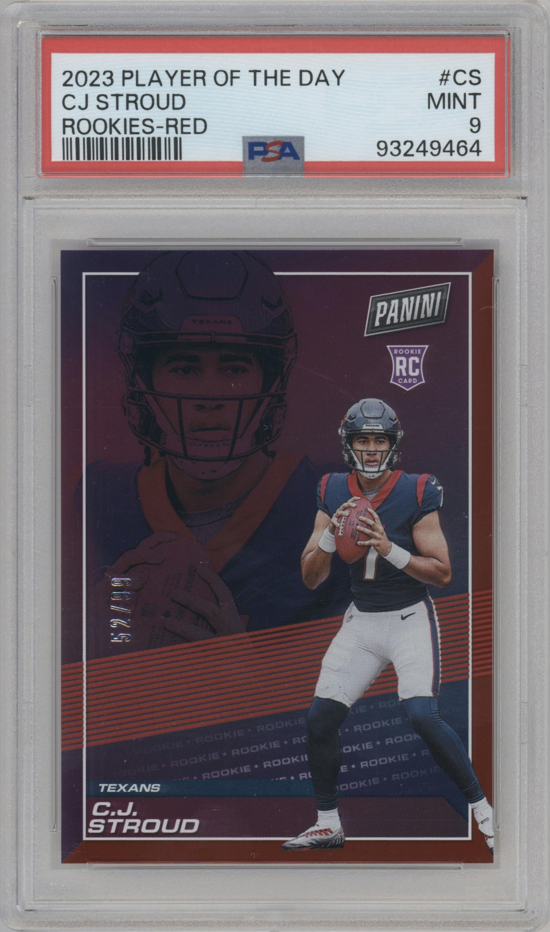 C.J. Stroud from the 2023 Panini Player of the Day set featuring a Red parallel graded by PSA and given an overall grade of 9.