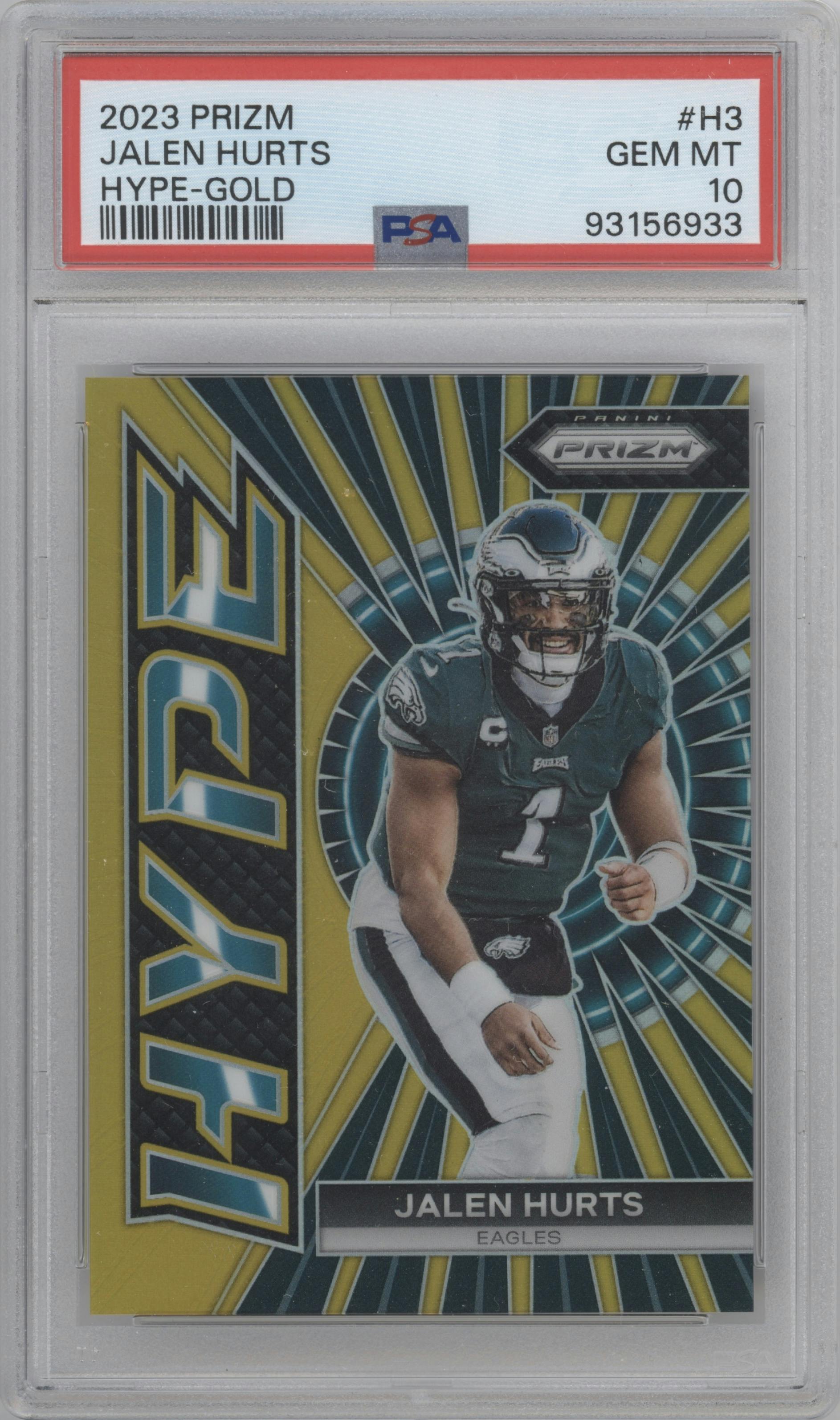 Jalen Hurts from the 2023 Panini Prizm set featuring a  Gold Prizm parallel graded by PSA and given an overall grade of 10.