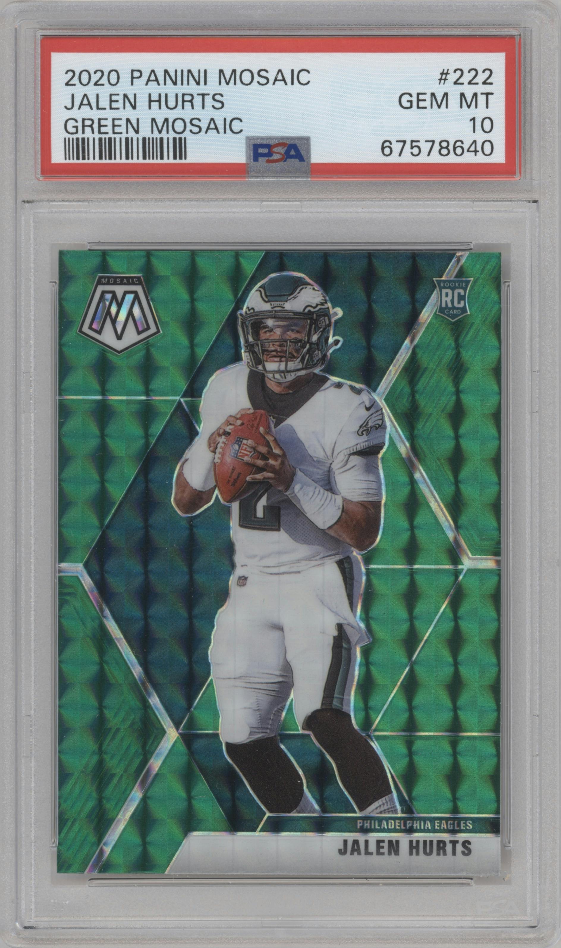 Jalen Hurts from the 2020 Panini Mosaic set featuring a Green Mosaic parallel graded by PSA and given an overall grade of 10.