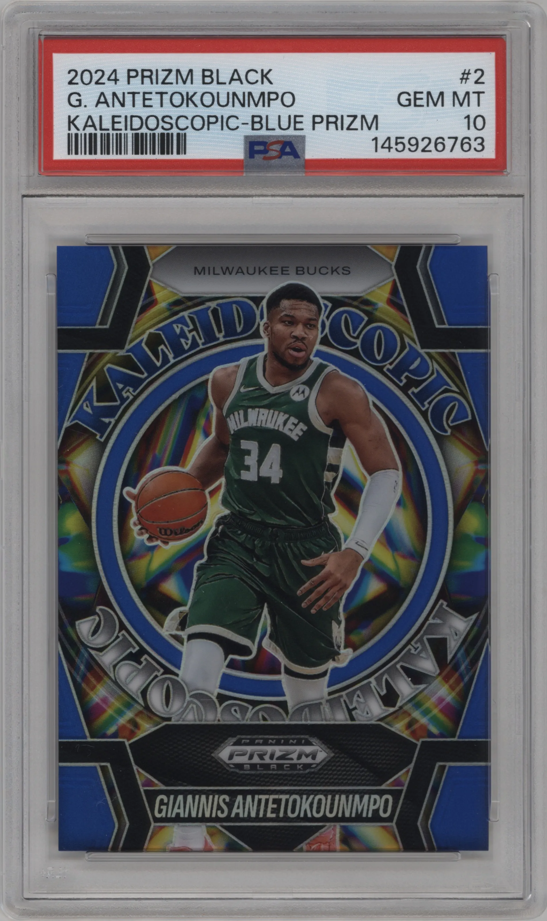 2024 Panini Prizm Black Kaleidoscopic Giannis Antetokounmpo Blue Prizm #2 PSA 10