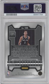 Victor Wembanyama from the 2023-24 Panini Prizm set graded by PSA and given an overall grade of 10.