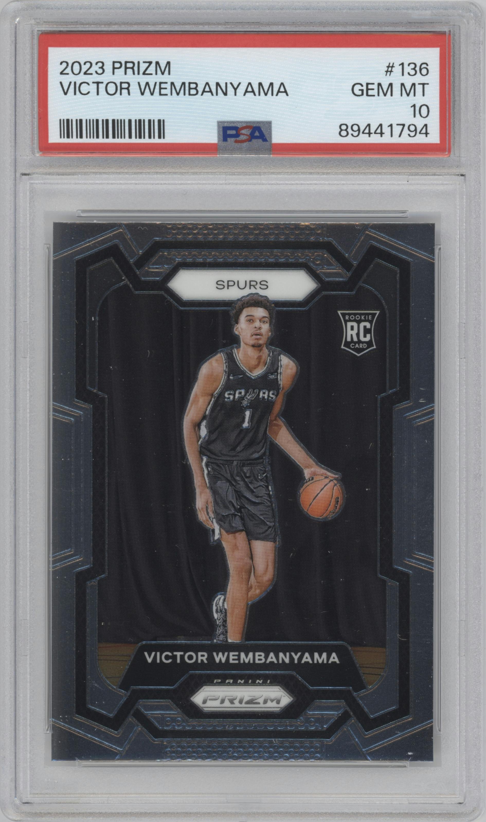 Victor Wembanyama from the 2023-24 Panini Prizm set graded by PSA and given an overall grade of 10.