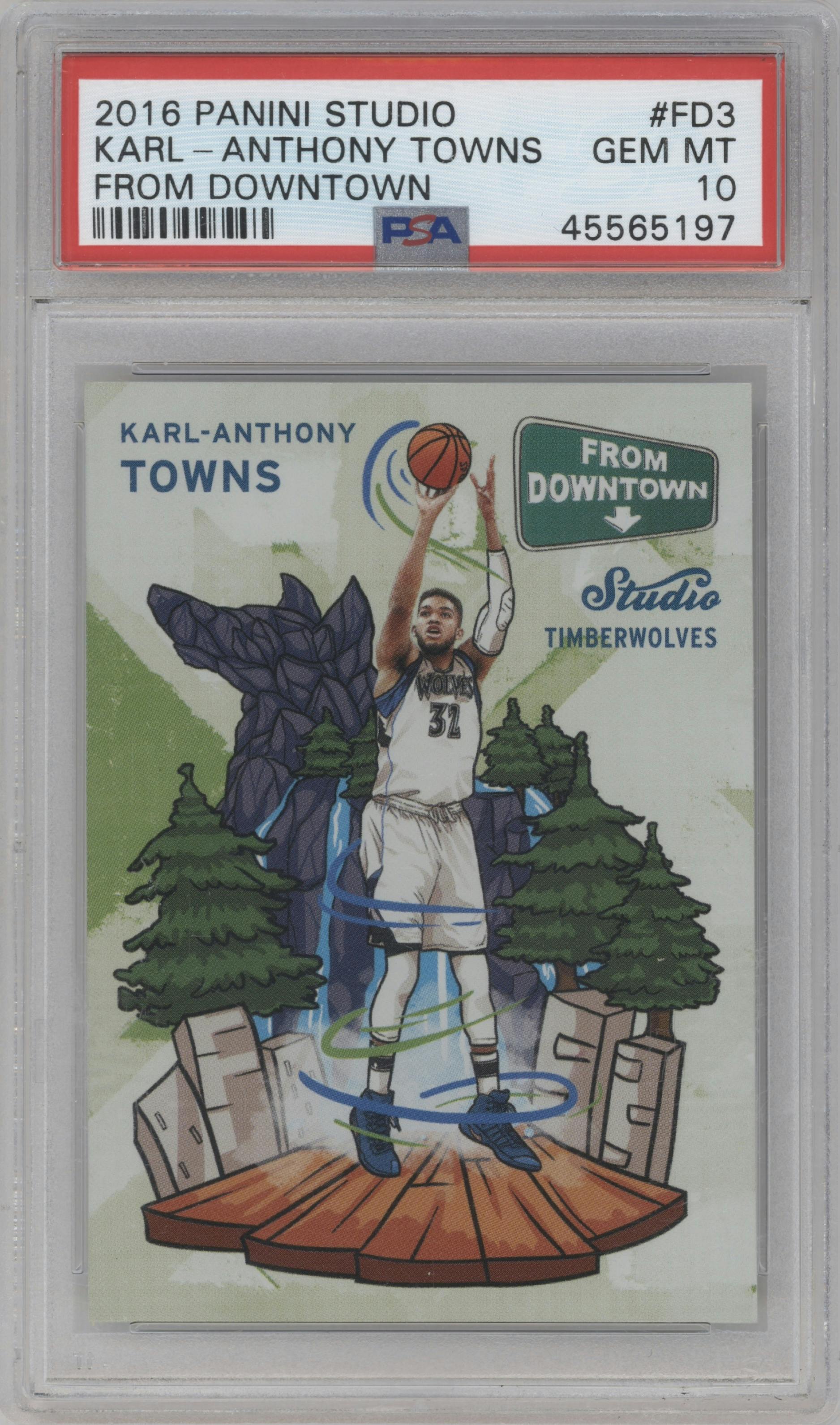 Karl-Anthony Towns from the 2016-17 Panini Studio set graded by PSA and given an overall grade of 10.