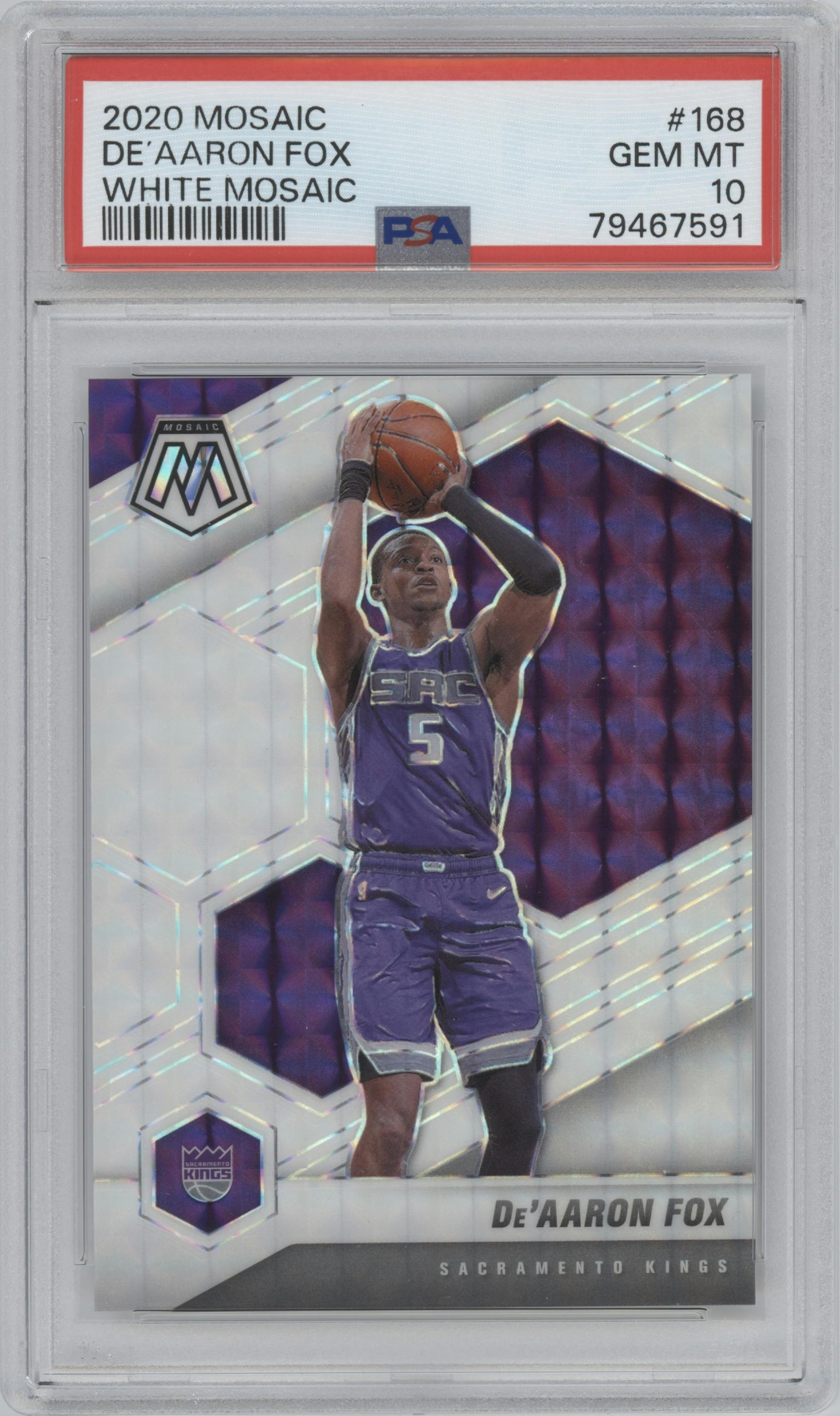 De'Aaron Fox from the 2020-21 Panini Mosaic set featuring a White Mosaic parallel graded by PSA and given an overall grade of 10.