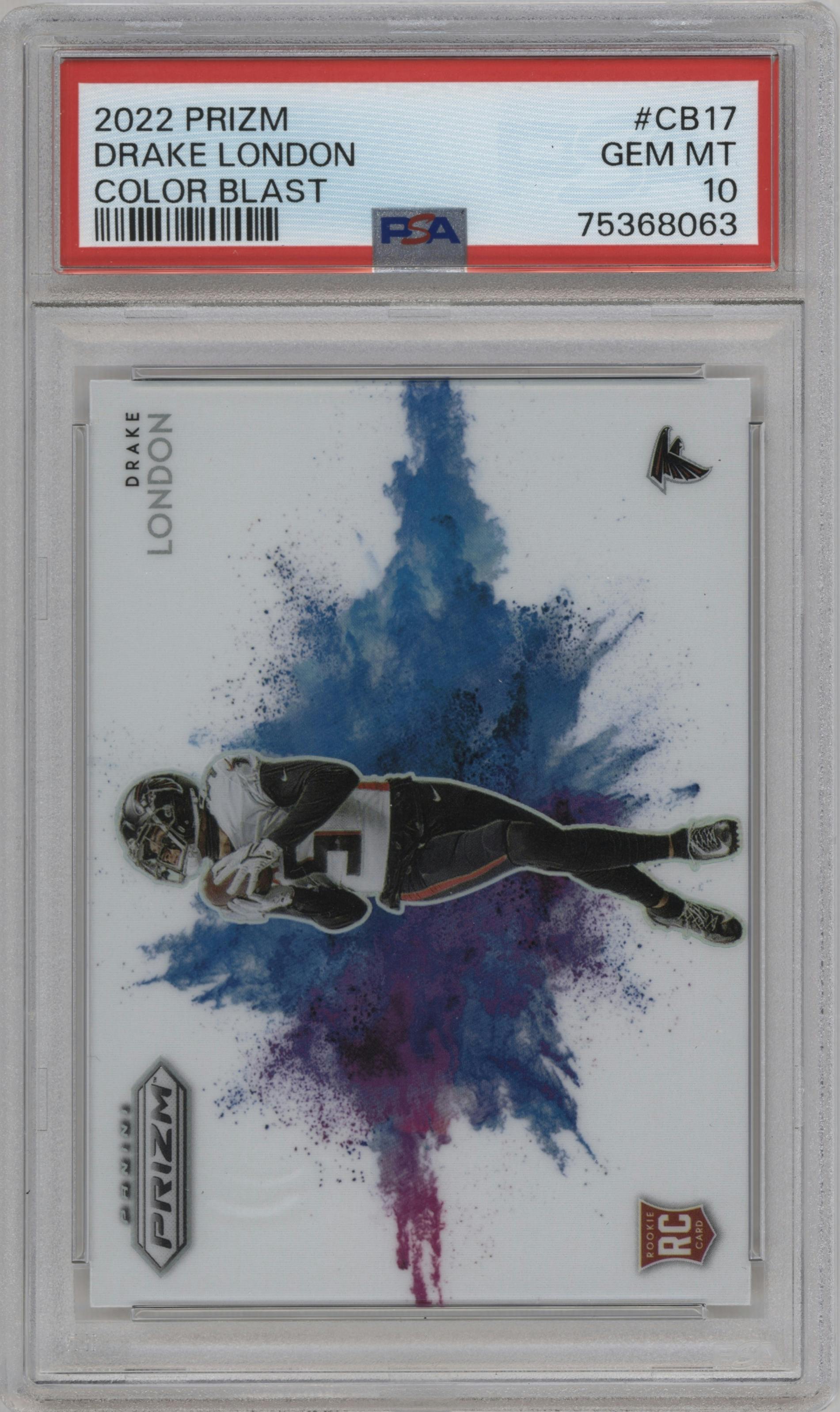 Drake London from the 2022 Panini Prizm set graded by PSA and given an overall grade of 10.