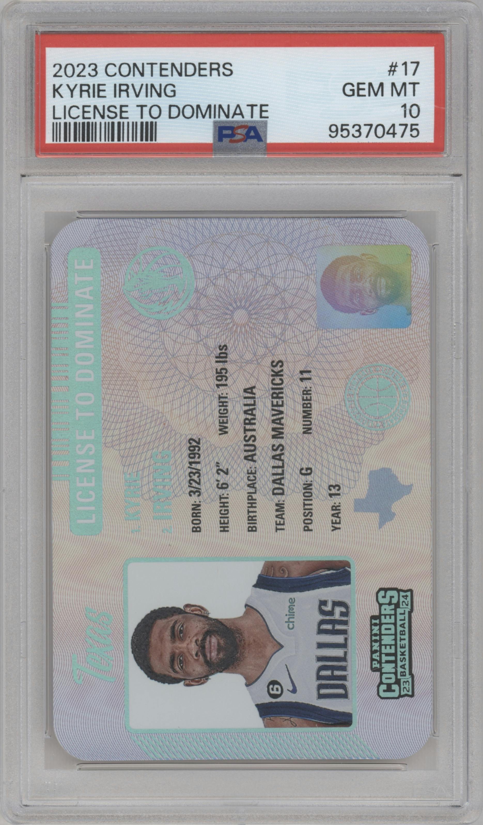 Kyrie Irving from the 2023-24 Panini Contenders set graded by PSA and given an overall grade of 10.