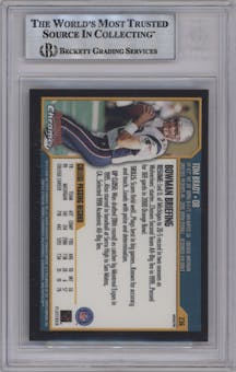 Tom Brady from the 2000 Bowman Chrome set featuring a Refractor parallel graded by Beckett and given an overall grade of 9.