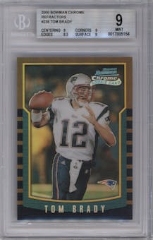 Tom Brady from the 2000 Bowman Chrome set featuring a Refractor parallel graded by Beckett and given an overall grade of 9.