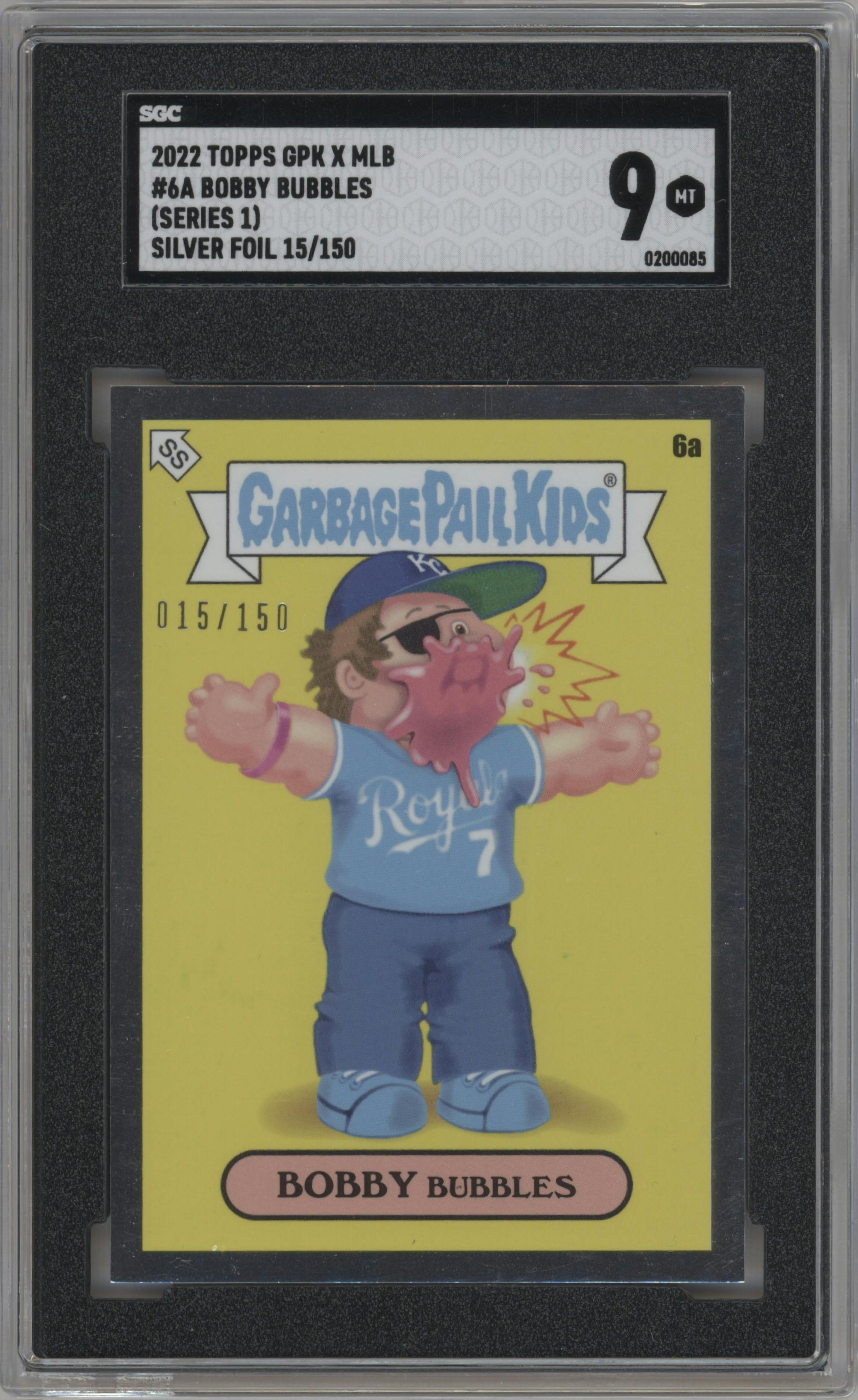 Bobby Witt Jr from the 2022 Topps X MLB Garbage Pail Kids set featuring a Silver Foil parallel graded by SGC and given an overall grade of 9.