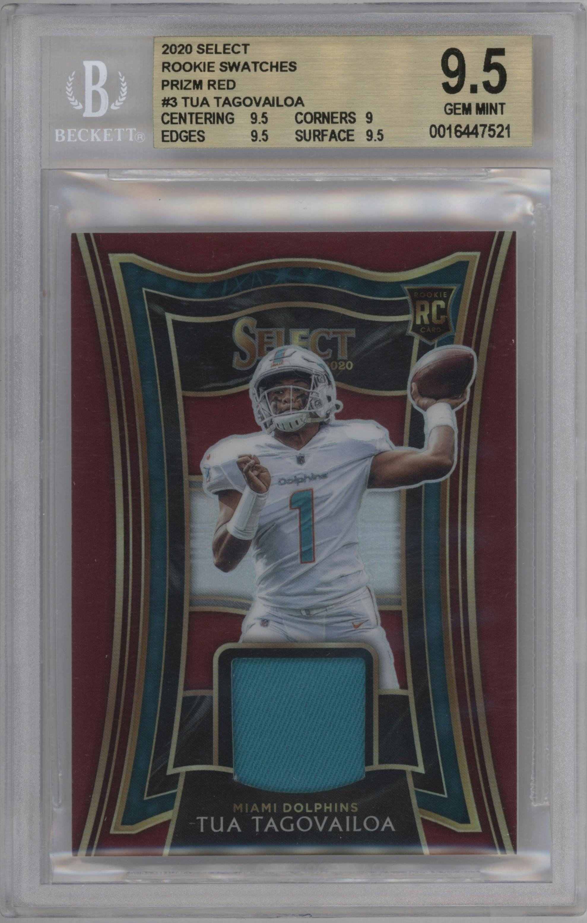 Tua Tagovailoa from the 2020 Panini Select set featuring a Red Prizm parallel graded by Beckett and given an overall grade of 9.5.