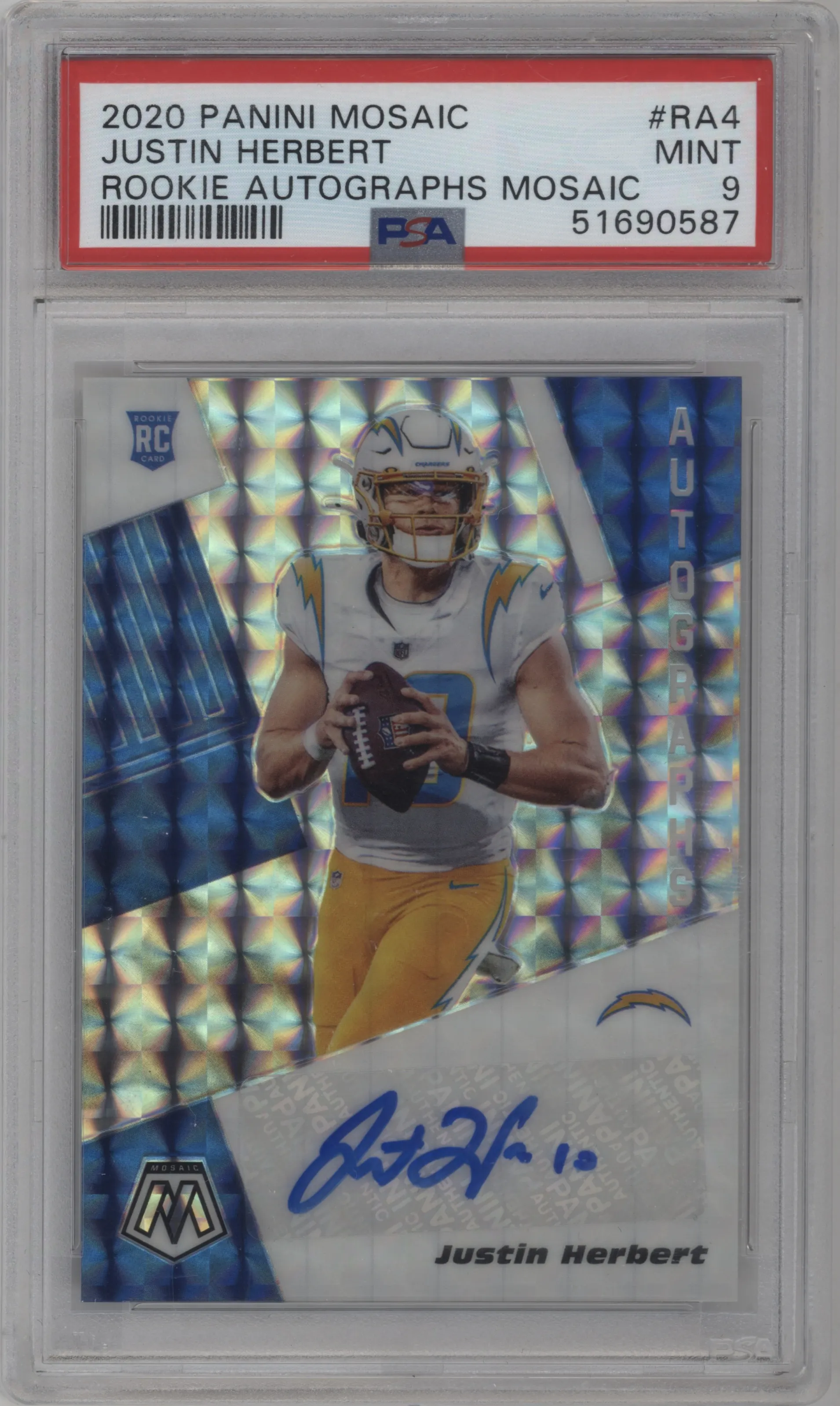 2020 Panini Mosaic Rke.Auto Justin Herbert #RA4 PSA 9