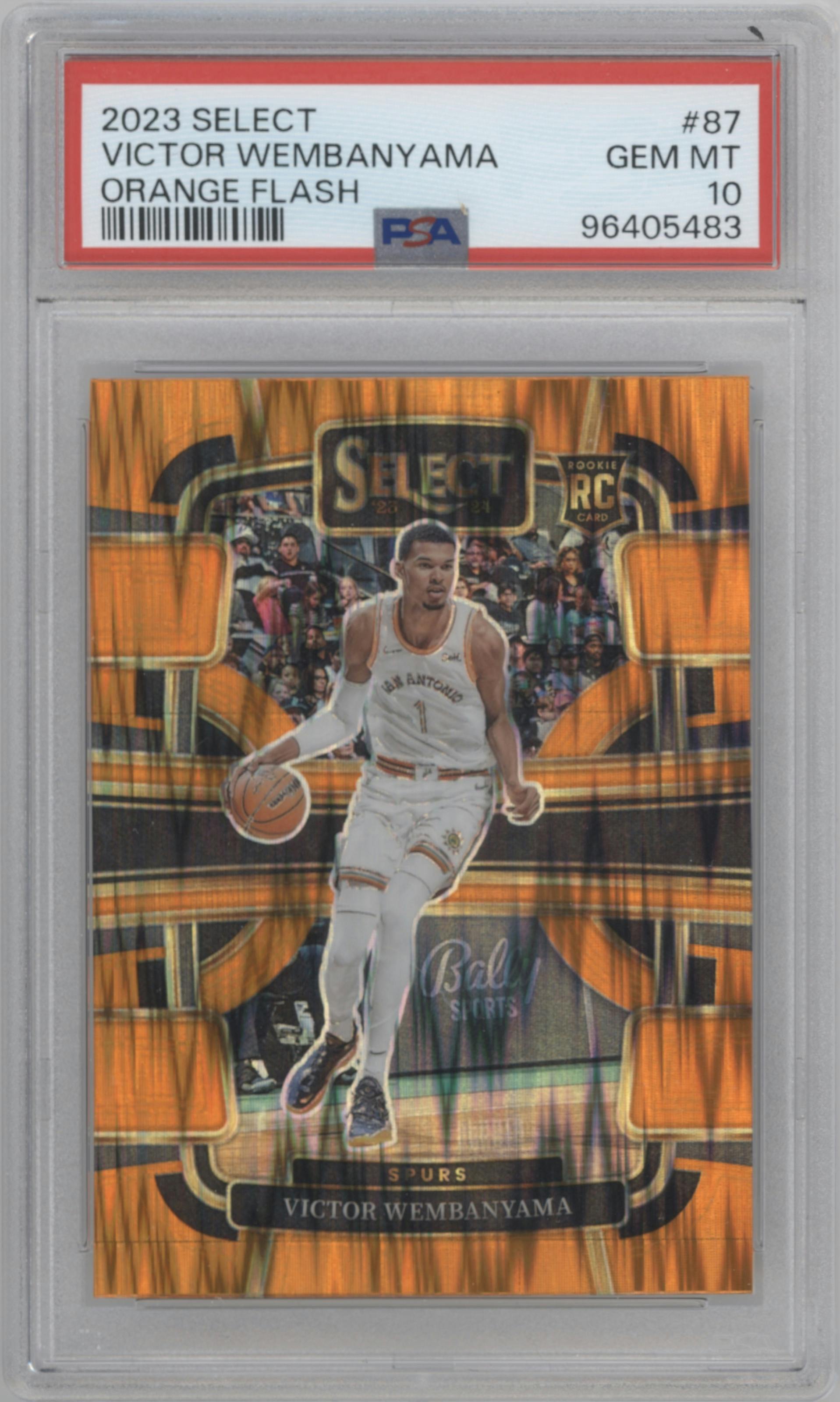 Victor Wembanyama from the 2023-24 Panini Select  set featuring a Orange Flash parallel graded by PSA and given an overall grade of 10.