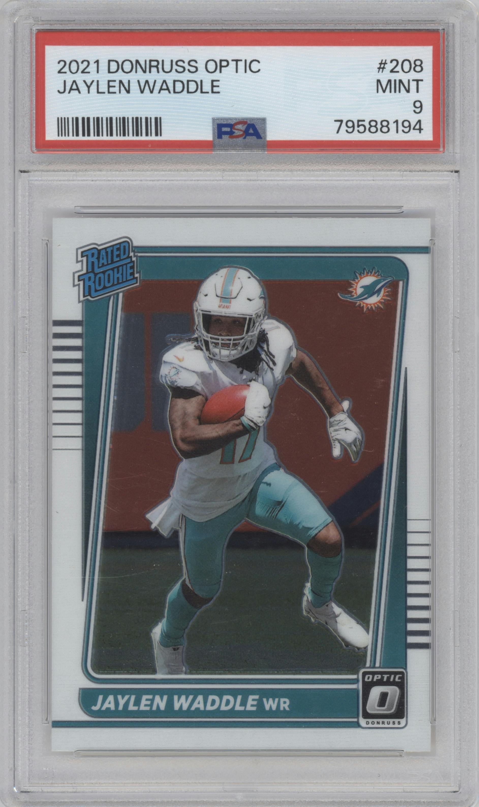Jaylen Waddle from the 2021 Panini Donruss Optic set graded by PSA and given an overall grade of 9.