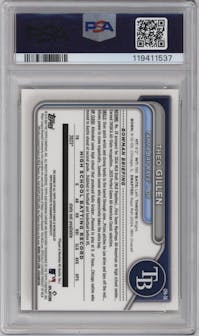 Theo Gillen from the 2024 Bowman Draft set featuring a Gold Refractor parallel graded by PSA and given an overall grade of 10.