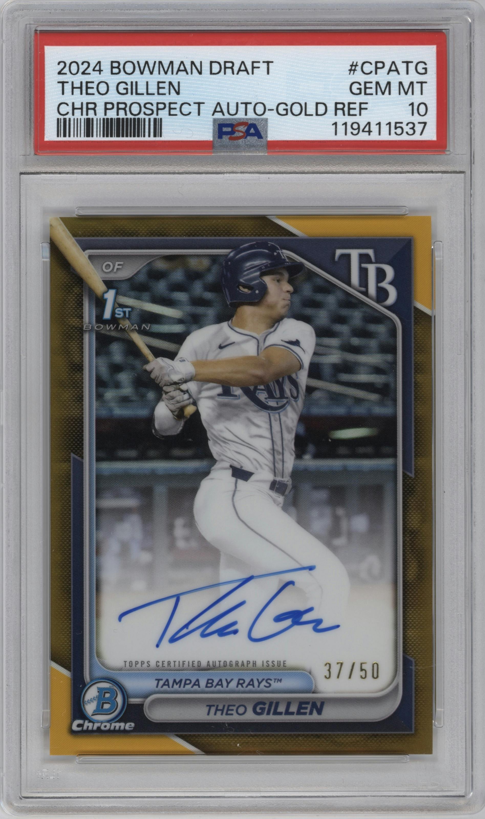 Theo Gillen from the 2024 Bowman Draft set featuring a Gold Refractor parallel graded by PSA and given an overall grade of 10.