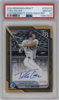 Theo Gillen from the 2024 Bowman Draft set featuring a Gold Refractor parallel graded by PSA and given an overall grade of 10.