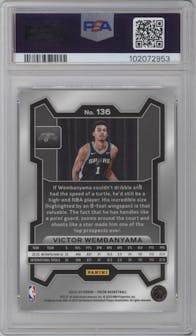 Victor Wembanyama from the 2023-24 Panini Prizm set graded by PSA and given an overall grade of 10.