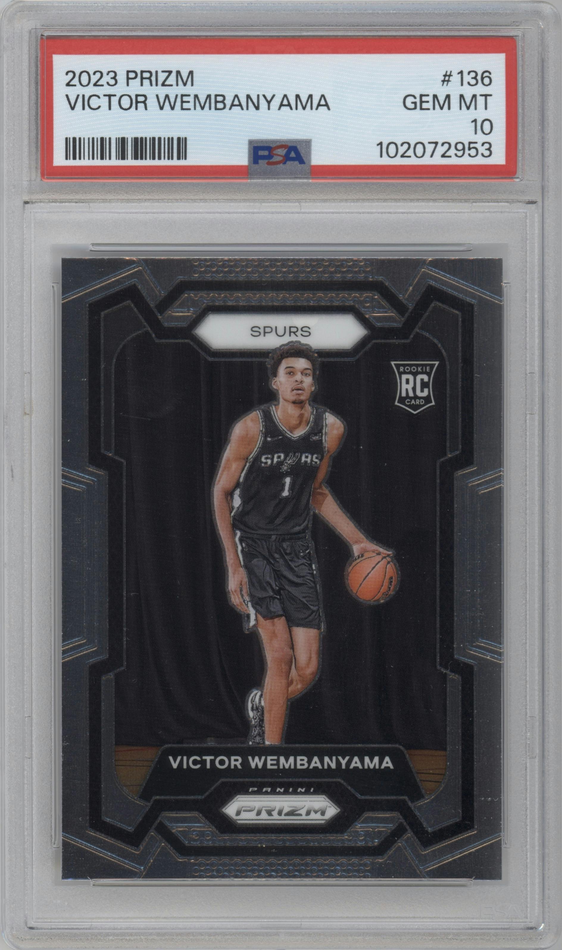 Victor Wembanyama from the 2023-24 Panini Prizm set graded by PSA and given an overall grade of 10.