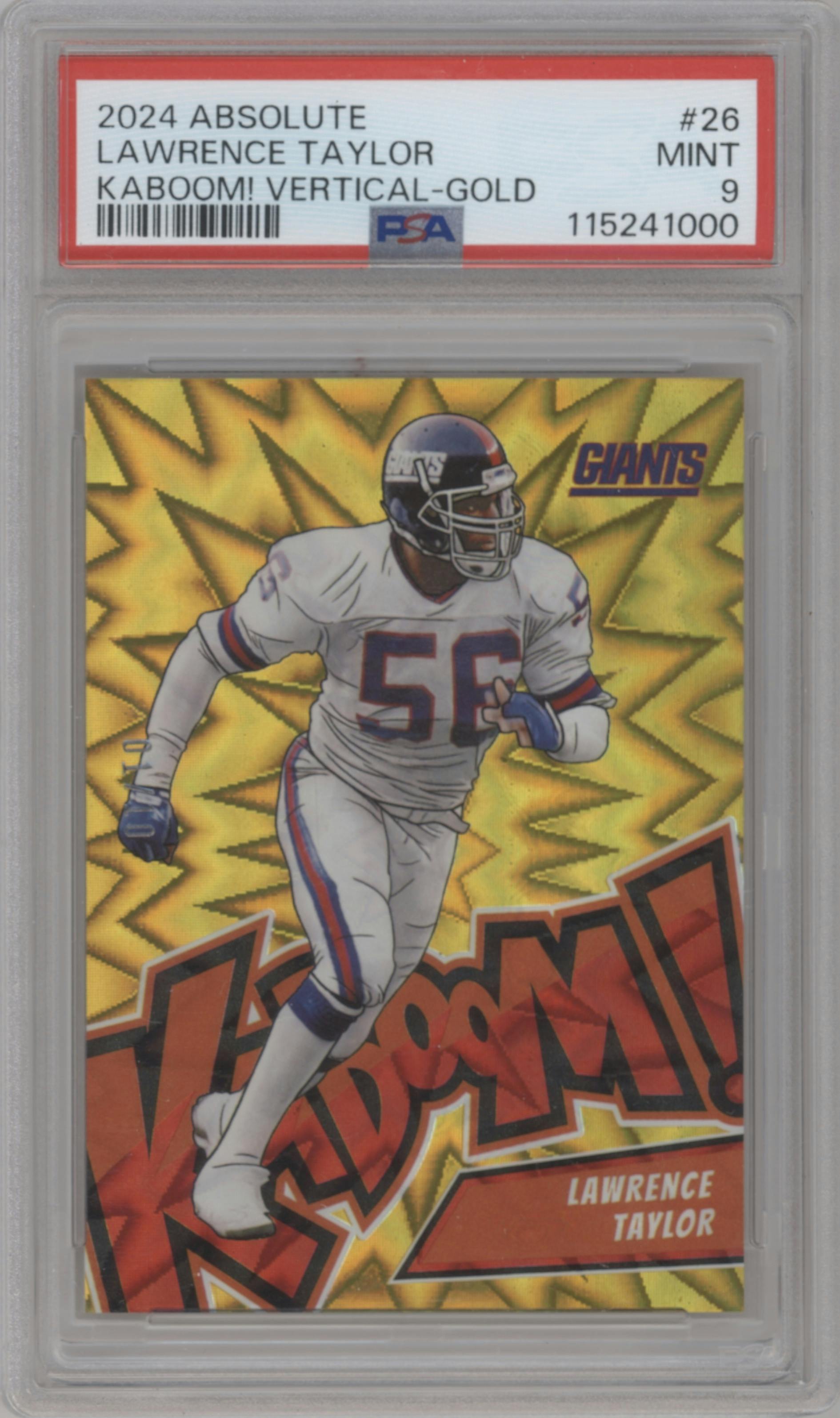 Lawrence Taylor from the 2024 Panini Absolute set featuring a Gold parallel graded by PSA and given an overall grade of 9.