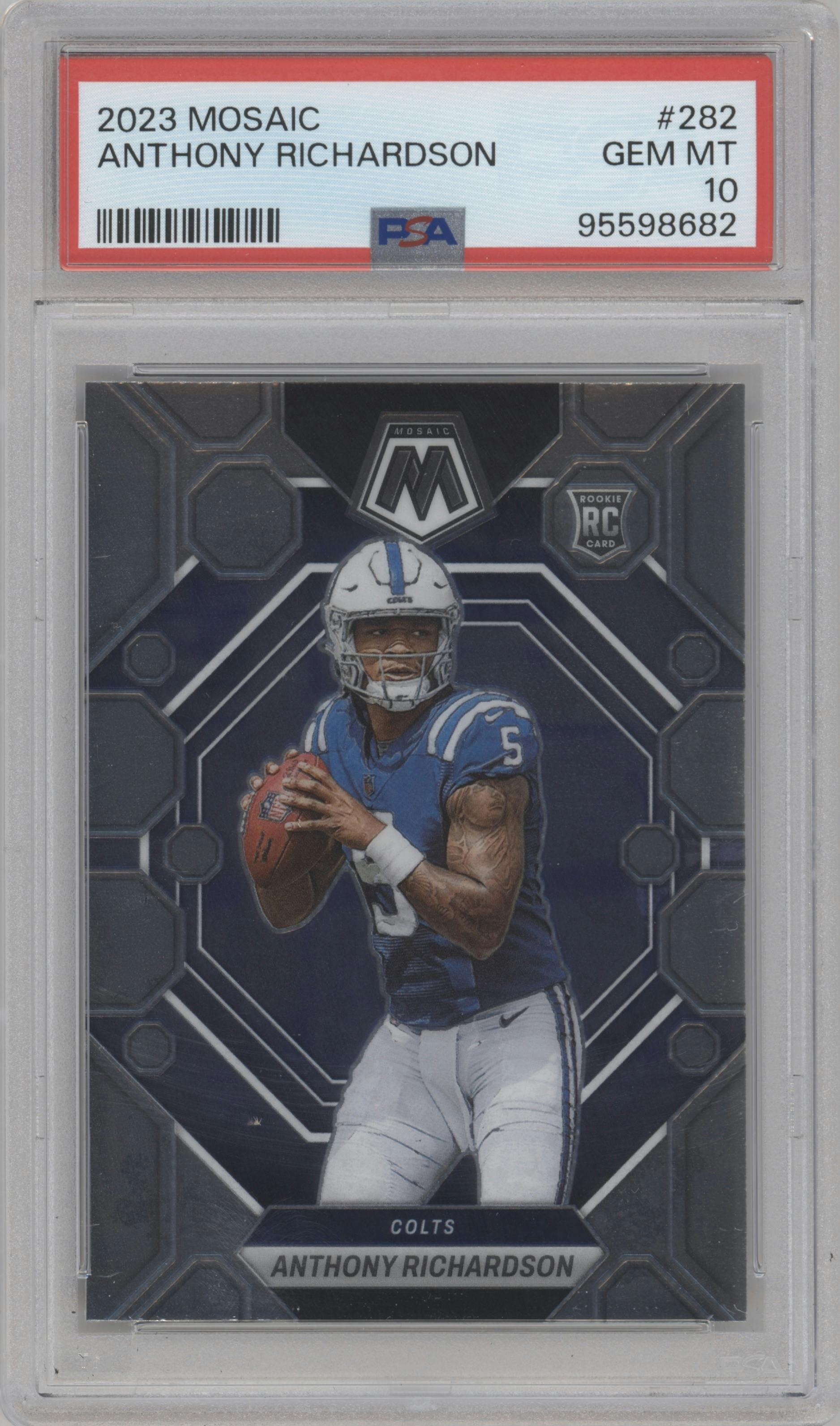 Anthony Richardson from the 2023 Panini Mosaic set graded by PSA and given an overall grade of 10.