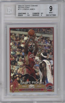 LeBron James from the 2003-04 Topps Chrome set featuring a Refractor parallel graded by Beckett and given an overall grade of 9.