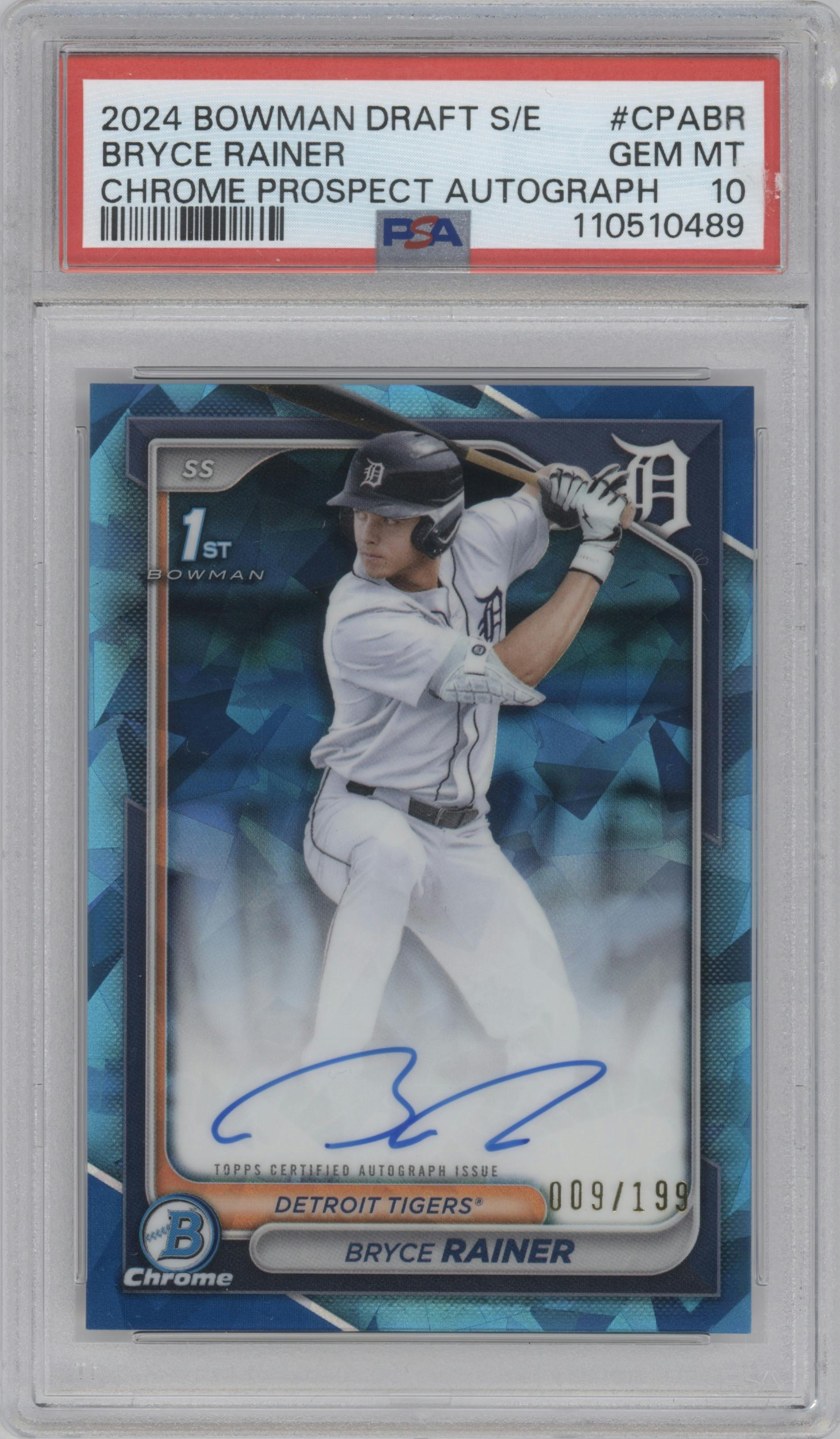 Bryce Rainer from the 2024 Bowman Draft Sapphire Edition set graded by PSA and given an overall grade of 10.