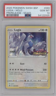 Lugia from the 2020 Pokemon SWSH set featuring a Vivid Voltage Pre-Release Staff parallel graded by PSA and given an overall grade of 10.