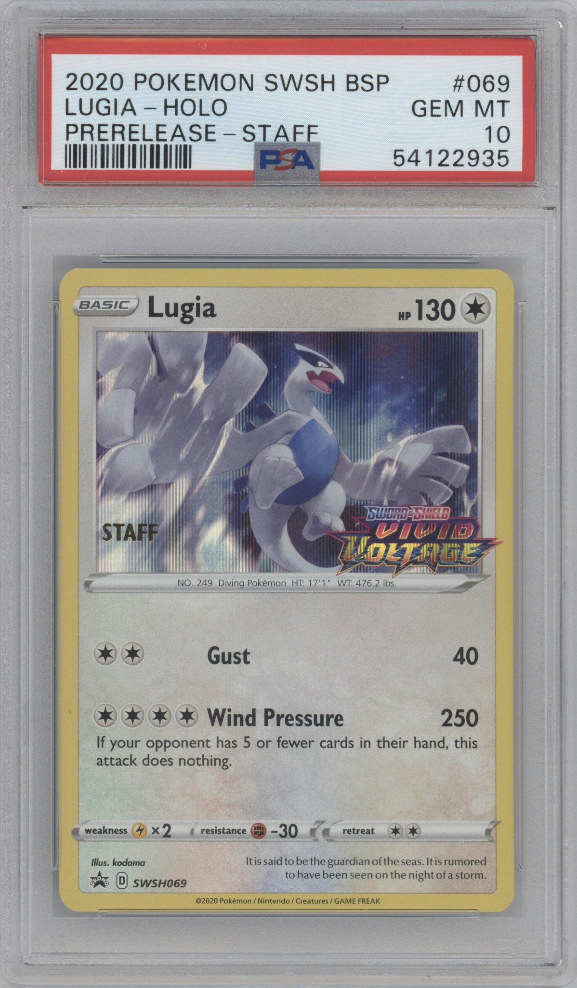 Lugia from the 2020 Pokemon SWSH set featuring a Vivid Voltage Pre-Release Staff parallel graded by PSA and given an overall grade of 10.