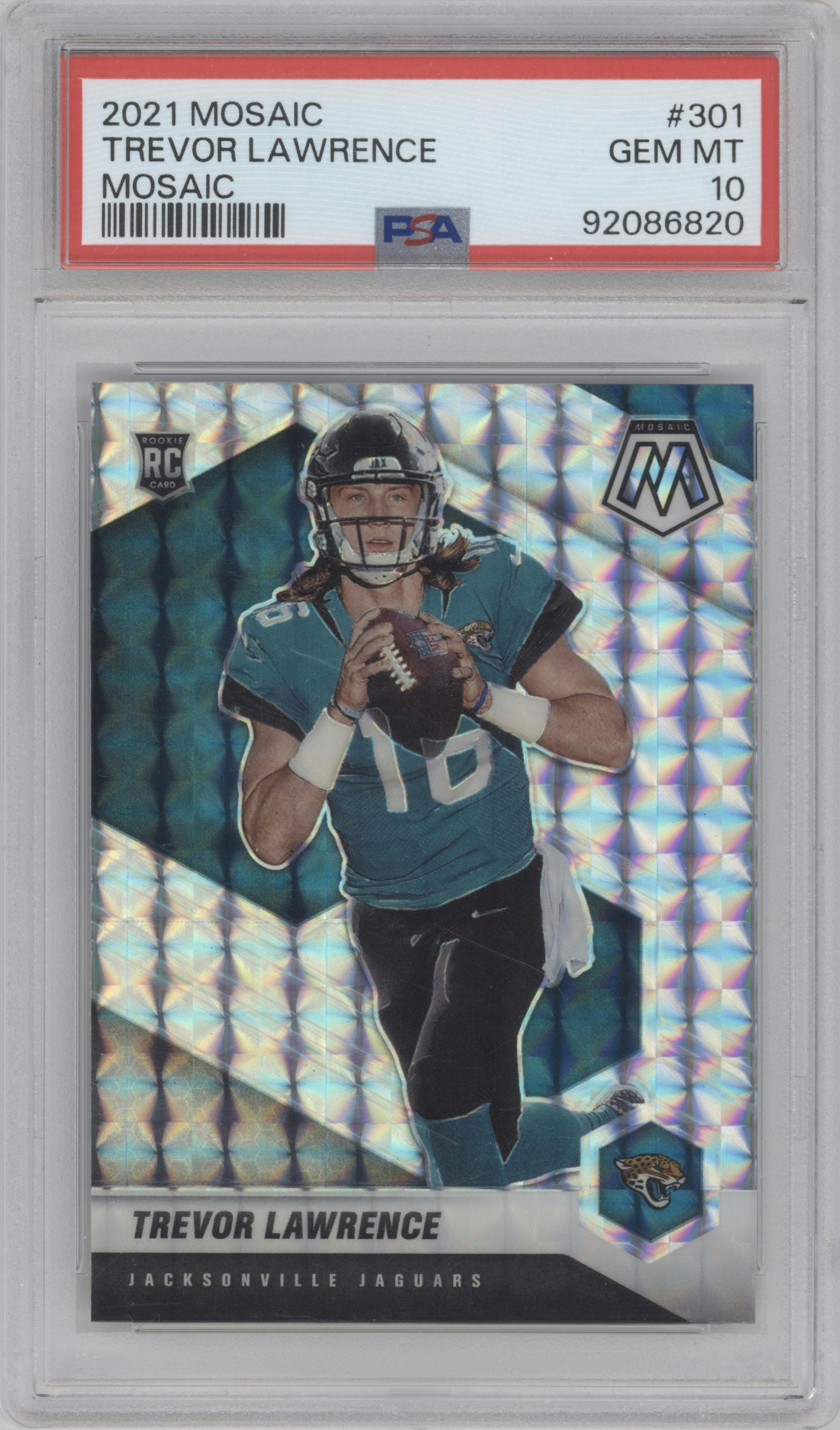 Trevor Lawrence from the 2021 Panini Mosaic set featuring a Mosaic parallel graded by PSA and given an overall grade of 10.