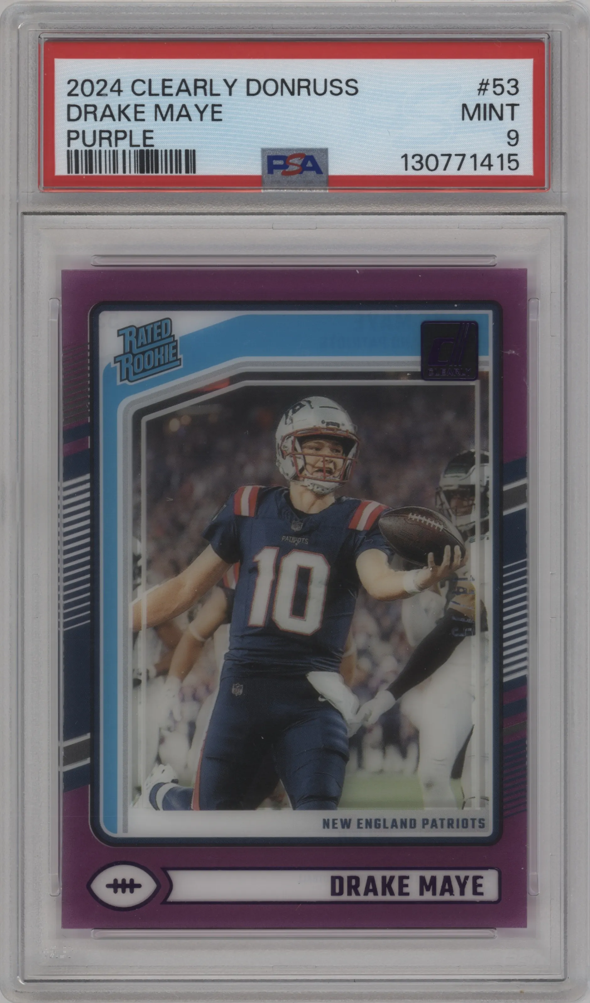 2024 Panini Clearly Donruss Rated Rookie Drake Maye Purple #53 PSA 9