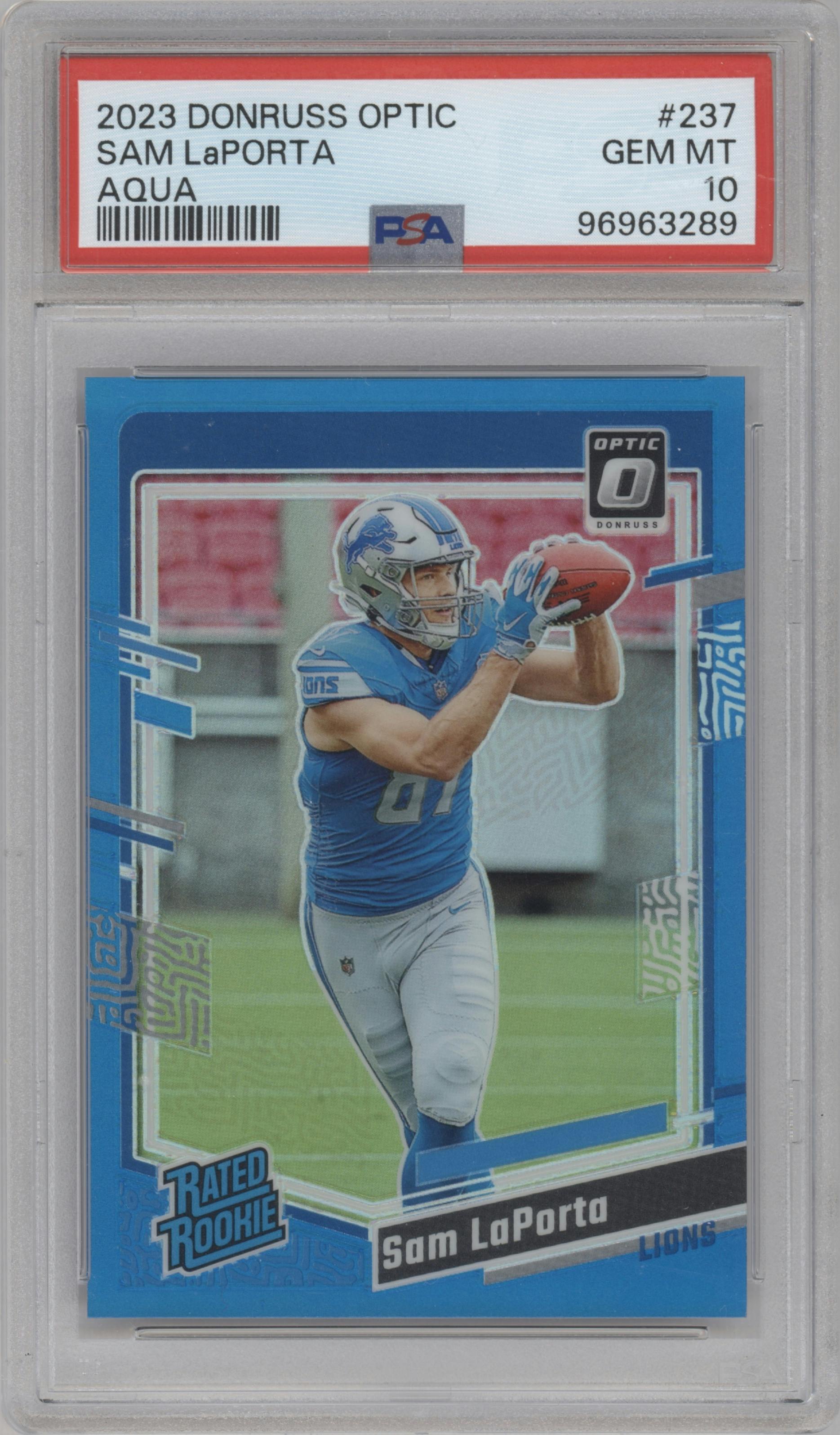 Sam LaPorta from the 2023 Donruss Optic set featuring a Aqua parallel graded by PSA and given an overall grade of 10.