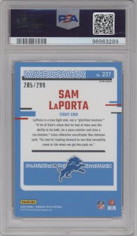 Sam LaPorta from the 2023 Donruss Optic set featuring a Aqua parallel graded by PSA and given an overall grade of 10.