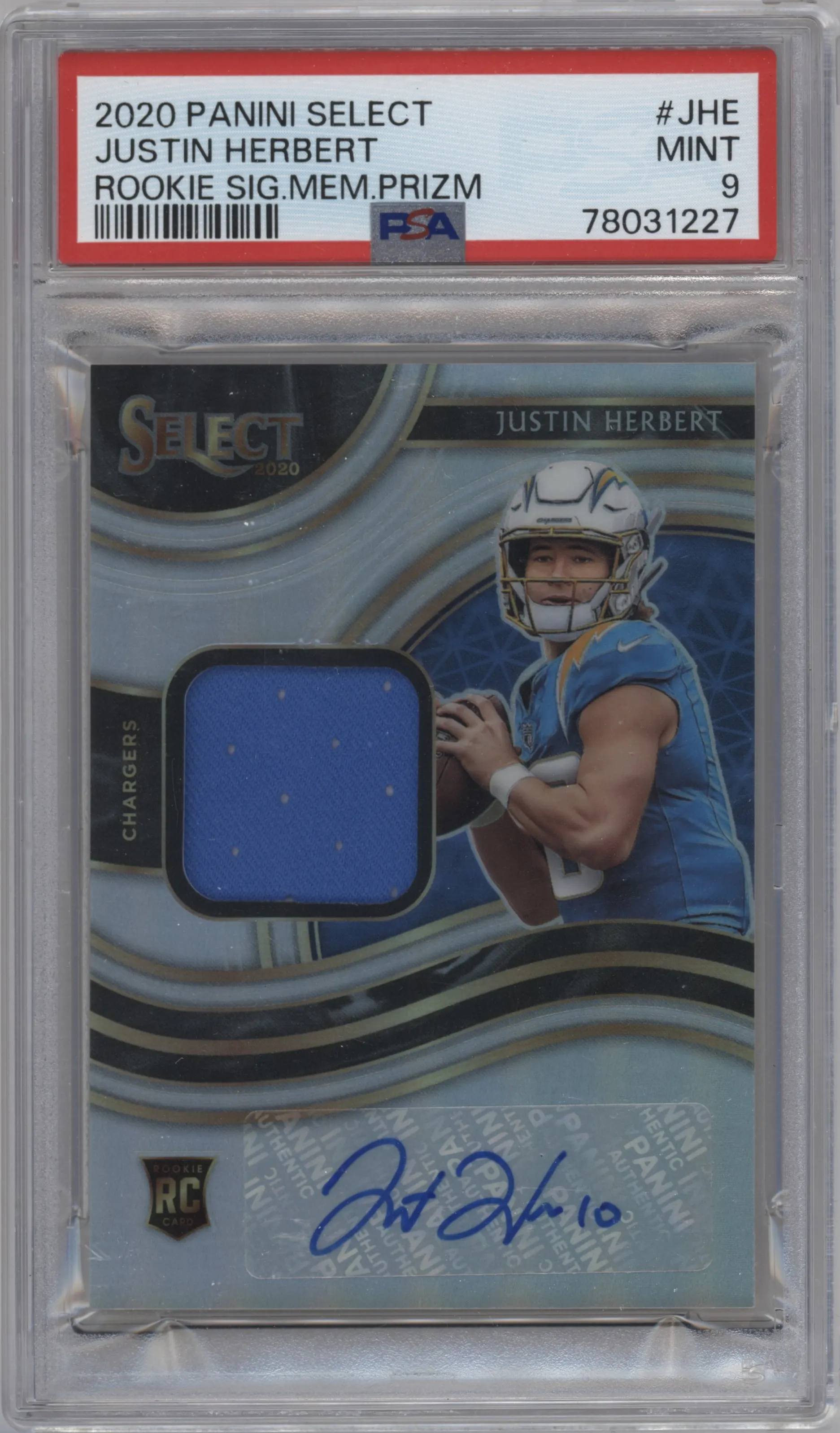 2020 Panini Select Rke.Sig.Mem. Justin Herbert PSA 9