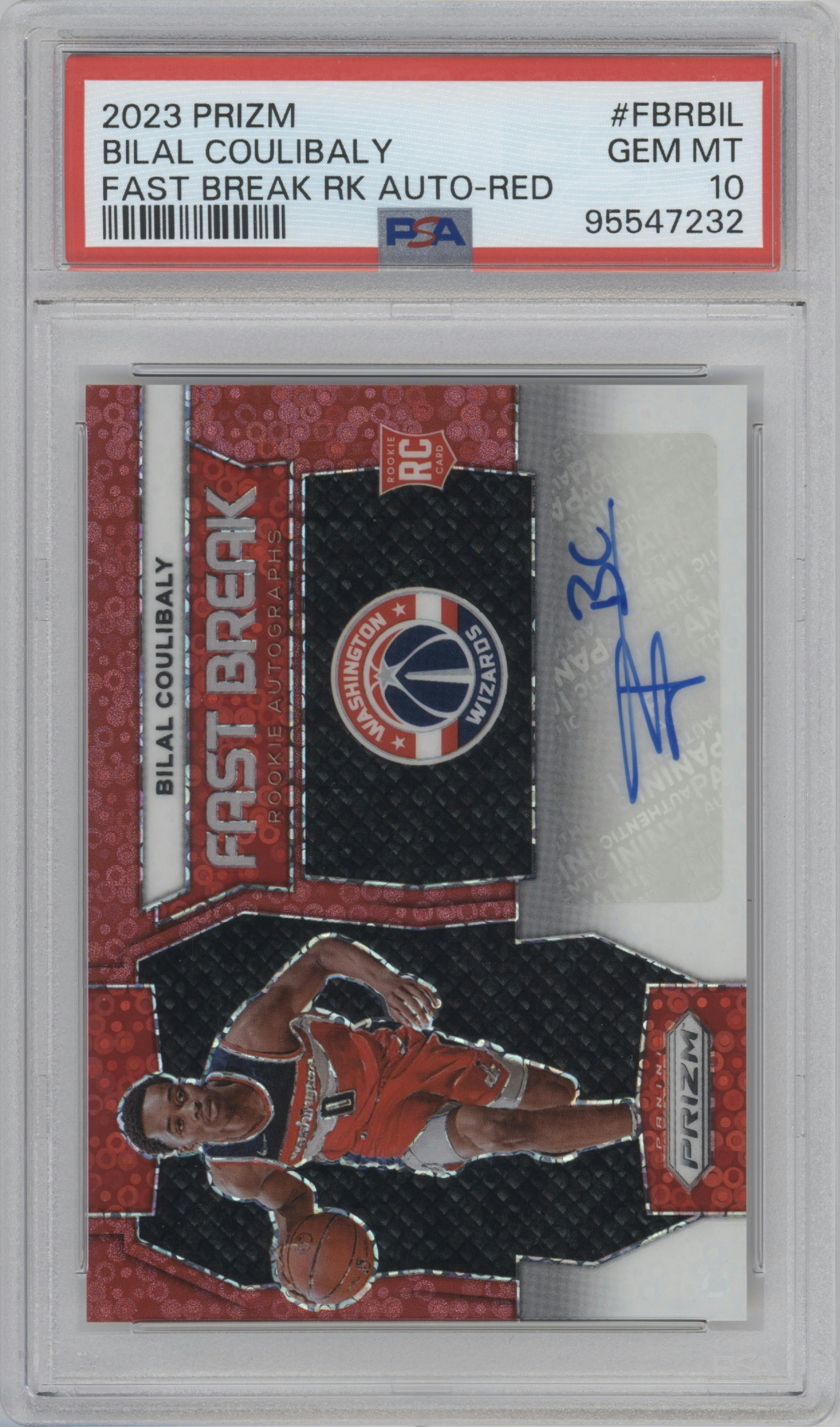 Bilal Coulibaly from the 2023-24 Panini Prizm set featuring a Red parallel graded by PSA and given an overall grade of 10.