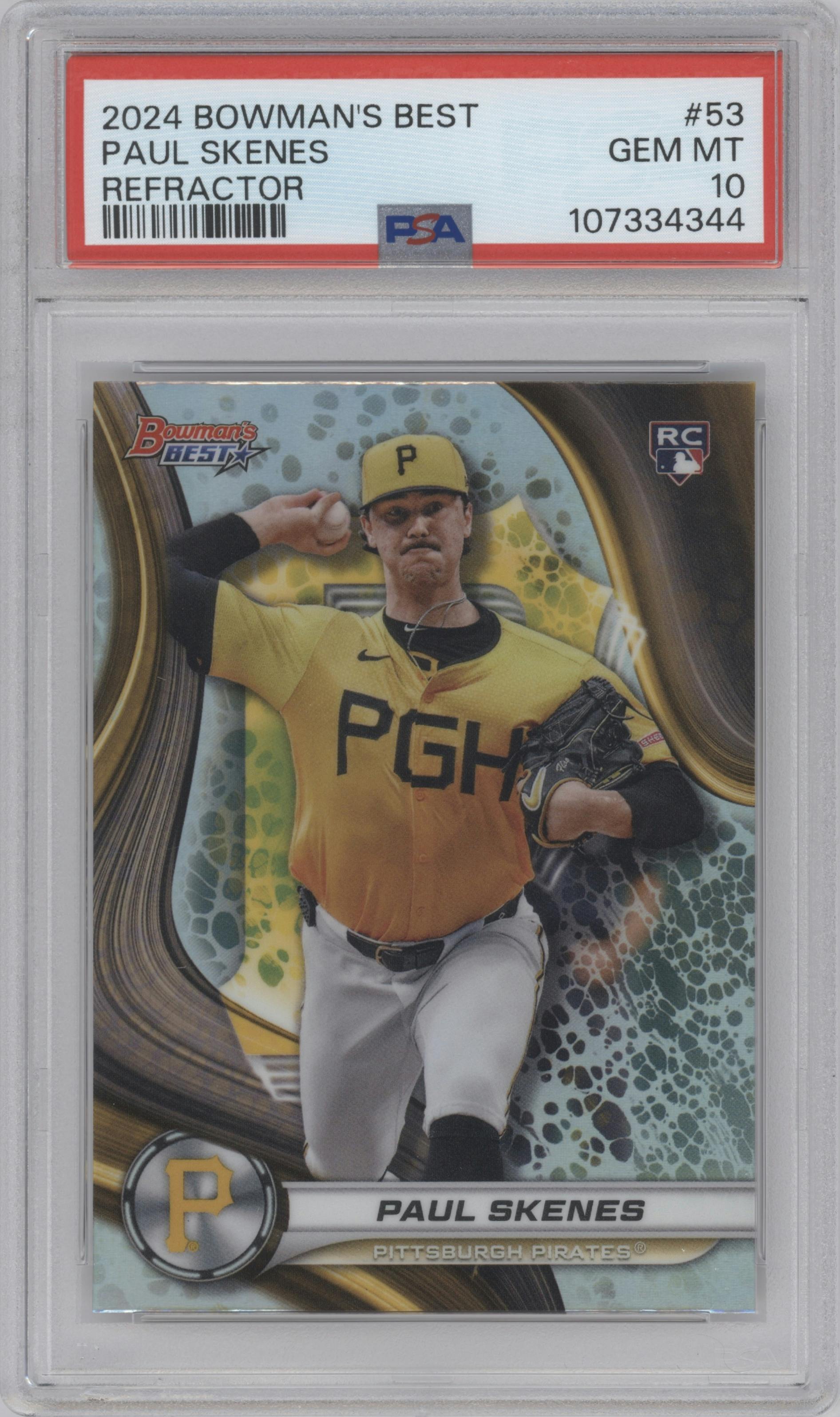 Paul Skenes from the 2024 Bowman's Best set featuring a Refractor parallel graded by PSA and given an overall grade of 10.