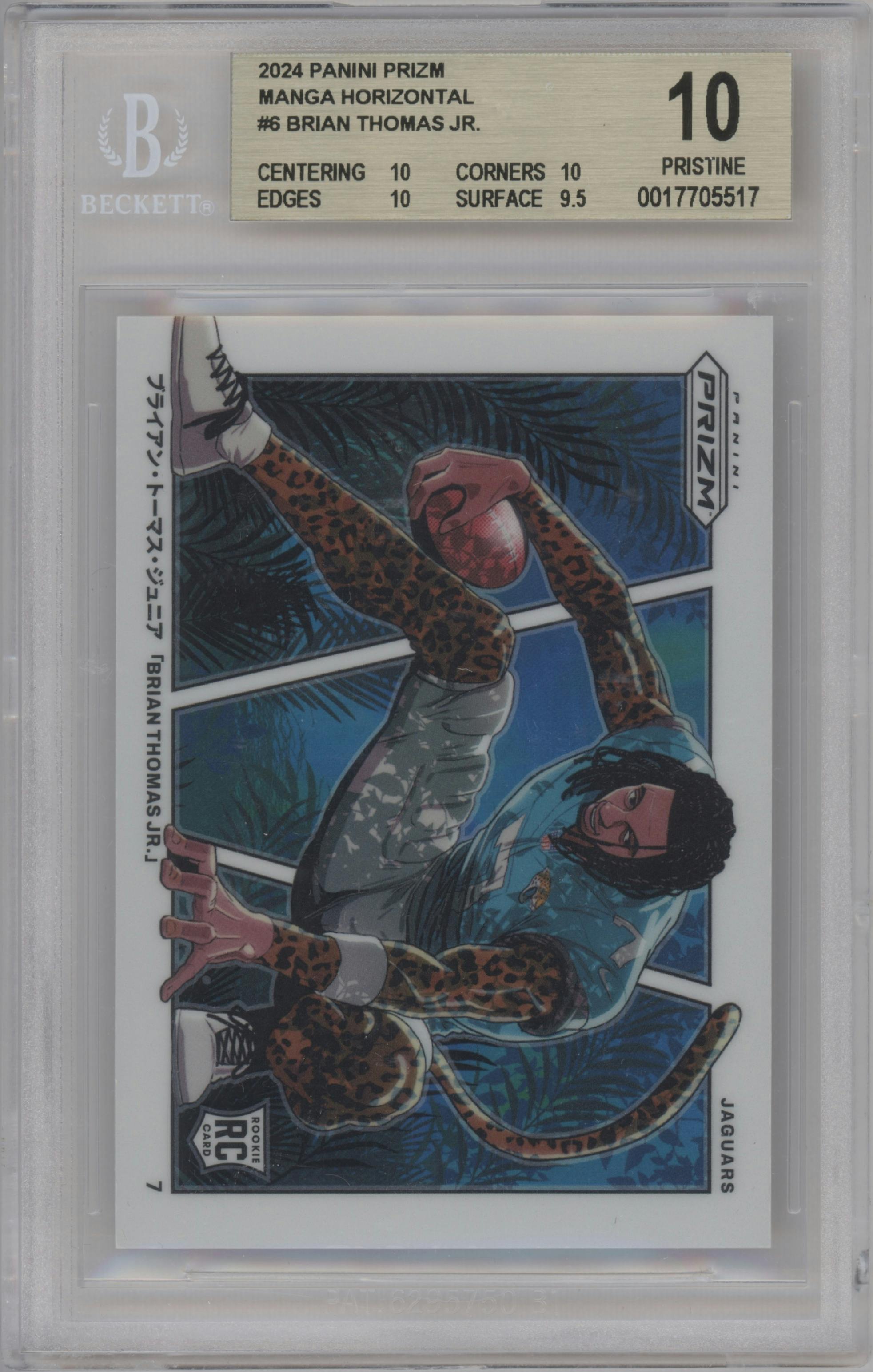 Brian Thomas Jr. from the 2024 Panini Prizm set graded by Beckett and given an overall grade of 10.