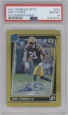 Eric Stokes from the 2021 Panini Donruss Optic set featuring a Gold parallel graded by PSA and given an overall grade of 10.